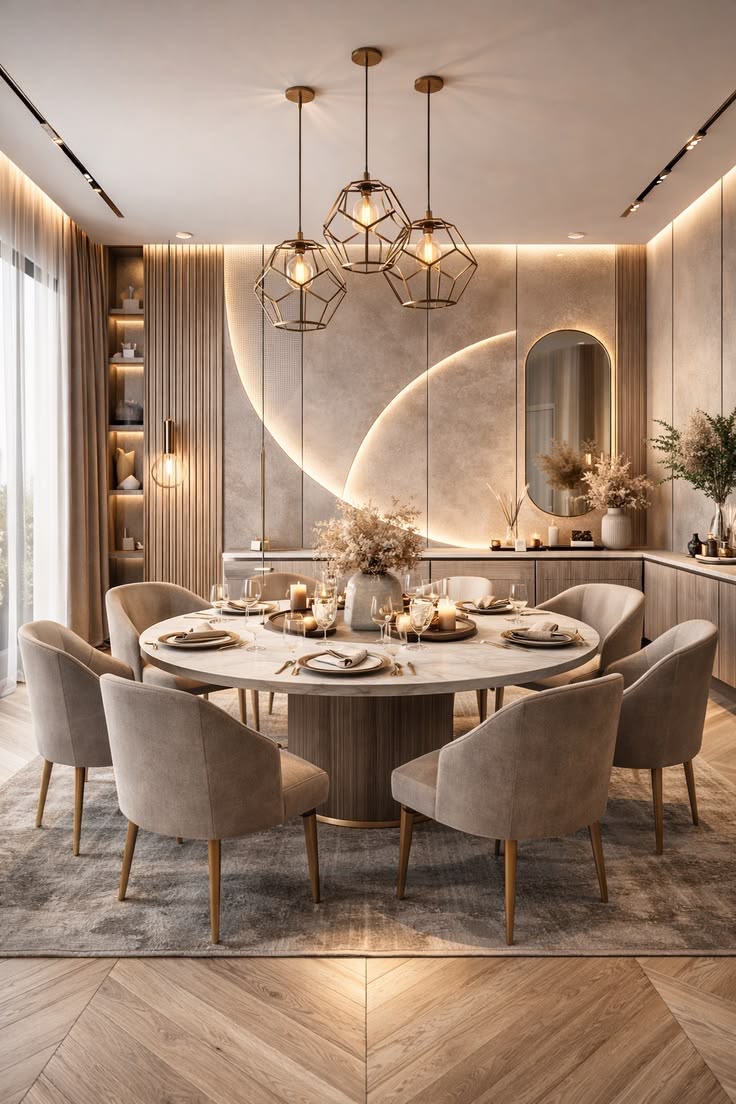 A round marble dining table for eight beneath a geometric brass pendant light, with a curved backlit wall panel behind